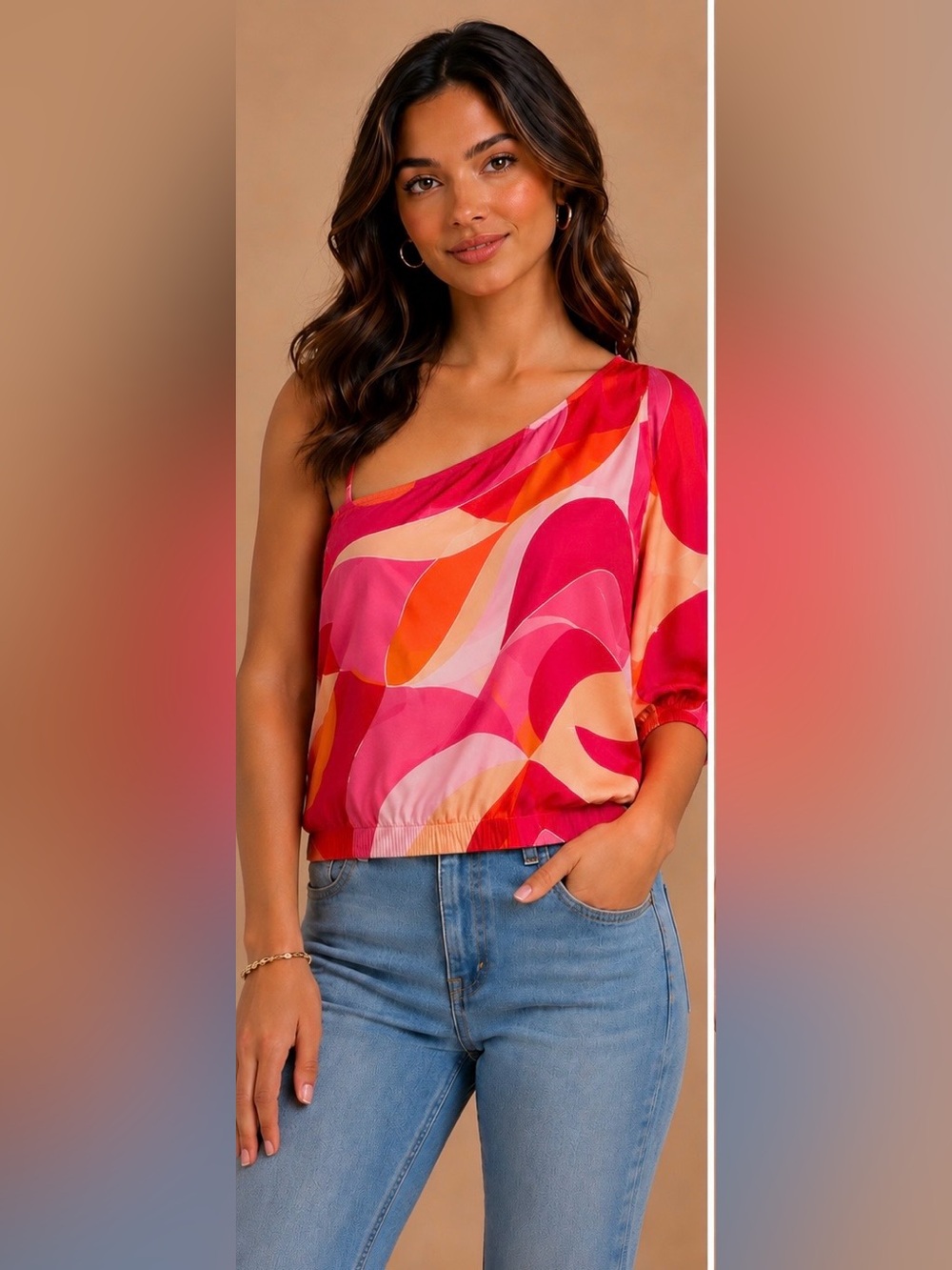 Sanctuary One Shoulder Abstract Print Blouse NWT Size Small Pink Orange